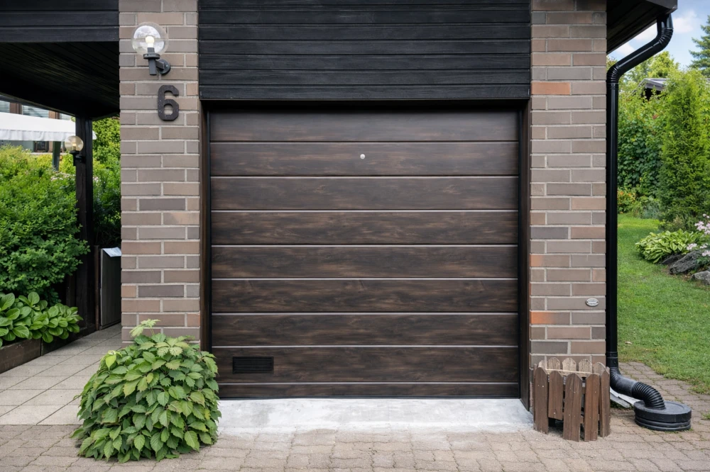 Autotallin nosto-ovi käyntiovella Kotkassa — puujäljitelmäpinta kultainen tammi — JK-Ovet