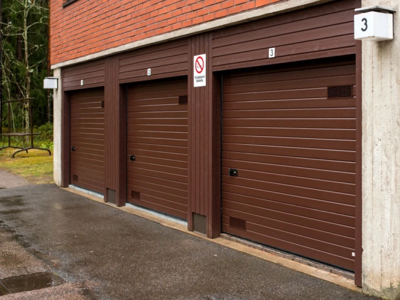 Taloyhtiön autotallin oviremontti julkisivupanelointeineen Kouvolassa — kapea vaakaura — JK-Ovet